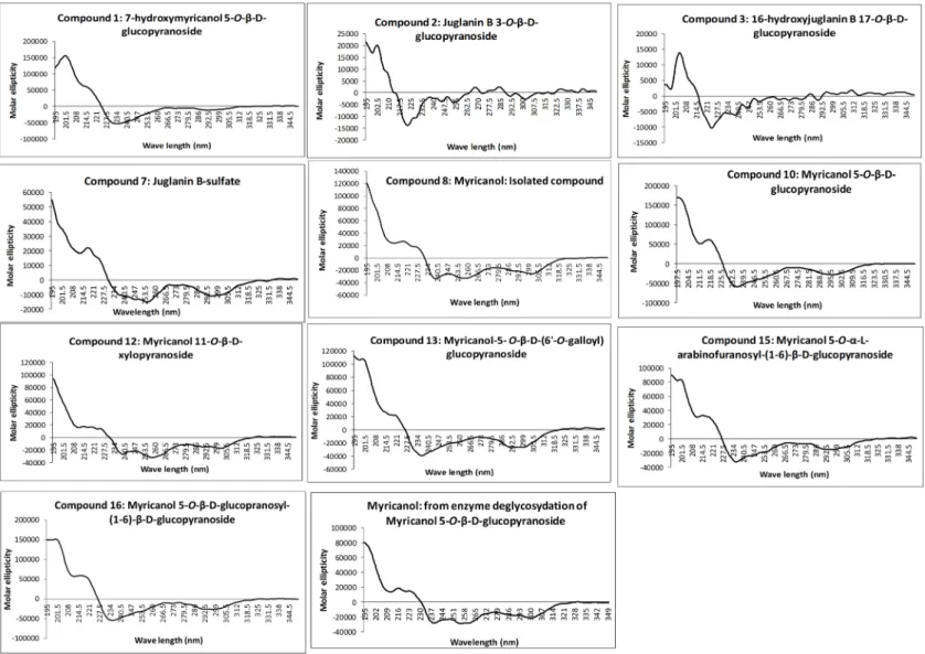 Figure 2. Recorded experimental circular dichroism (CD) spectra of isolated diarylheptanoids (molar ellipticity vs