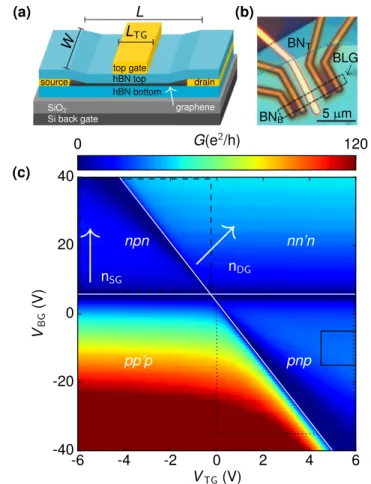 FIG. 1. Characterization of the device. (a) Schematic of the device: a bilayer graphene flake is encapsulated between  h-BN layers
