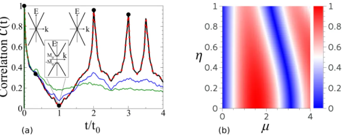 FIG. 2. Quantitative analysis of the echo strength. (a) Correlation C(t), Eq. (4), obtained from numerical propagation of the ¯ h wave; see Fig.