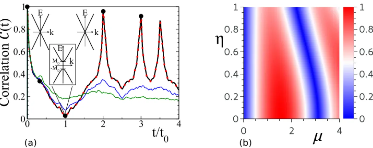 FIG. 2. Quantitative analysis of the echo strength. (a) Correlation C(t), Eq. (4), obtained from numerical propagation of the ~ -wave, see Fig