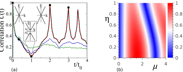 FIG. 2. Quantitative analysis of the echo strength. (a) Correlation C(t), equation (3), obtained from numerical propagation of the ~ -wave, see Fig