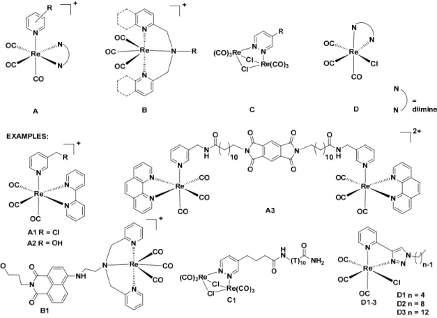 Figure 1. Basic structures of luminescent fac-{Re(CO) 3 } complexes for cell bioimaging and their examples