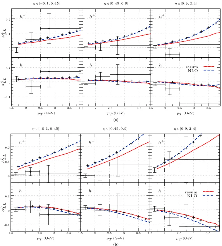 FIG. 5. Double-longitudinal spin asymmetries A LL for (a) μ d → μ 0 hX and (b) μ p → μ 0 hX in three rapidity bins, compared to the COMPASS data [2]