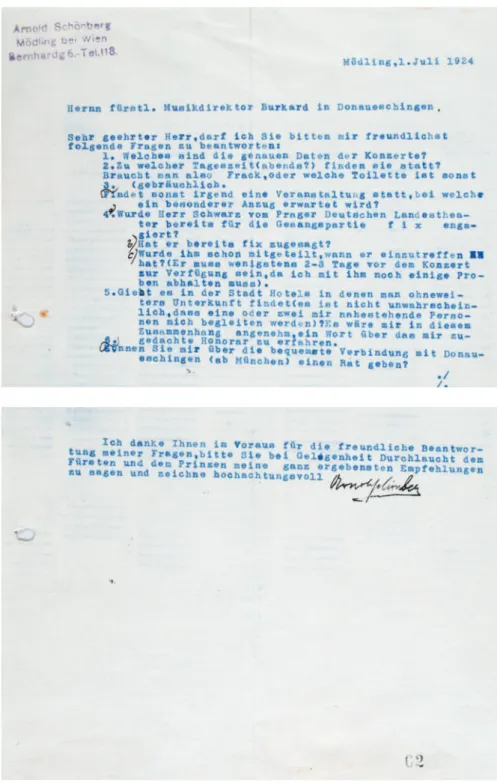 Abb. 14:   Anfragen Arnold Schönbergs bei Heinrich Burkard vom 1. 7. 1924, in denen es u