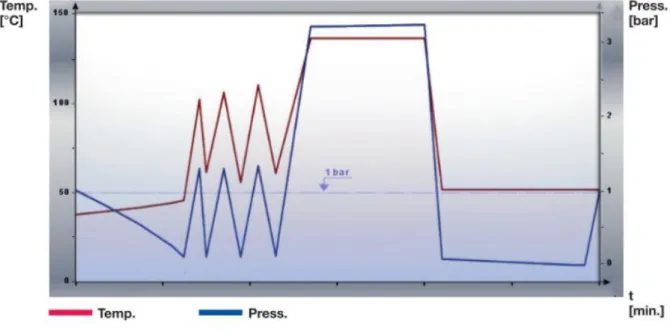 Abbildung  2:  Zeitlicher  Druck-  und  Temperaturverlauf  eines  fraktionierten  Vorvakuumverfah- Vorvakuumverfah-rens (Karl Storz GmbH &amp; Co