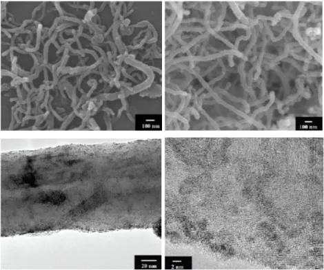 Figure  4  Upper  panel:  SEM  picture  of  the  multi-walled  CNTs  used  (left)  and  the  as  prepared  RuO 2 /CNT  nanocomposites  (RuO 2 /CNT =  6:7 in  wt  %) (right)