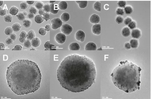 Figure 11 TEM images of (A, D) Fe 3 O 4 @P(MBAAm-co-MAA)/Ag microspheres, (B, E)  Fe 3 O 4 @P(MBAAm-co-MAA)/Ag  microspheres  and  (C,  F)  Fe 3 O 4  @P(MBAAm-co-MAA)/Au  microspheres