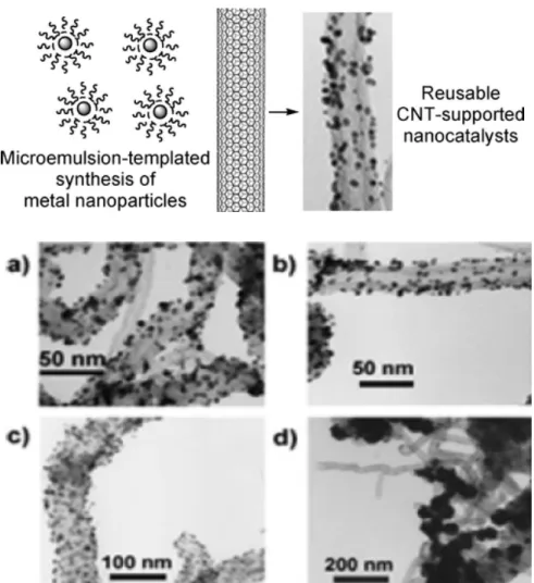 Figure 12 Upper panel: Schematic representation of the microemulsion-based method for  the deposition of metal nanoparticles on carbon nanotubes