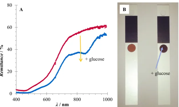 Figure 2.13 A — a change of remission spectra upon treating the test strip, containing  RuAP-3, with glucose (6.1 mM), showing that the dye is formed with λ max  at 840 nm  after 200 s of a glucose sample addition; B  — test strips, containing RuAP-3: befo