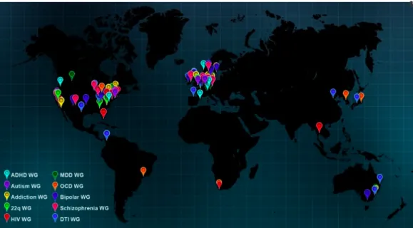 Abbildung 4 Darstellung der dem ENIGMA-Netzwerk angehörenden Forschungszentren und  -themen weltweit