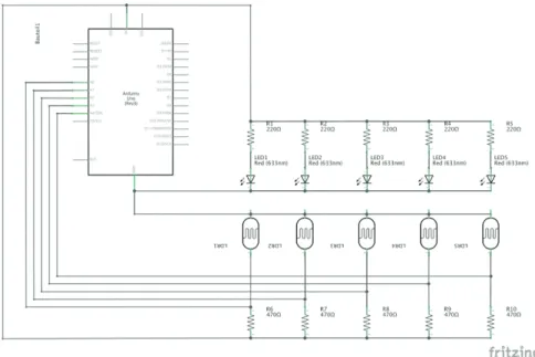 Abbildung Abb. 4 zeigt den Schaltplan der fertigen Lichtharfe, vereinfacht auf zunächst fünf Saiten.
