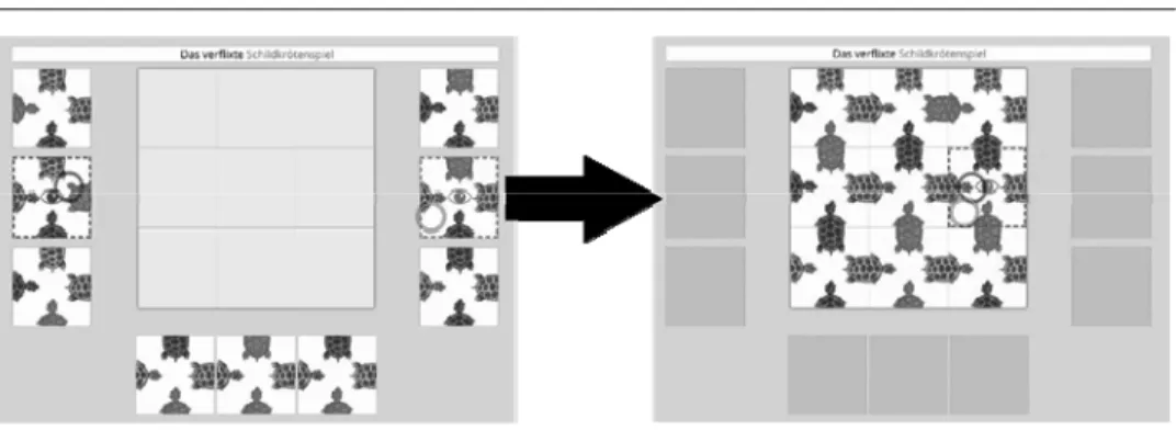 Abb. 1: Untersuchungsanwendung; links: ungelöstes Puzzle, rechts: gelöstes Puzzle Das Puzzle besteht aus neun Puzzleteilen, die zu Beginn um das eigentliche Spielfeld angeordnet sind