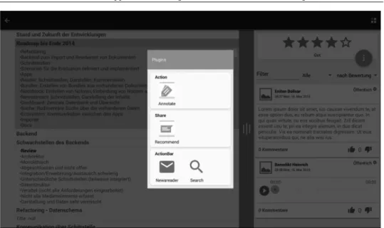 Fig. 3: A plugin menu offering 4 services in 3 different categories opened via a menu button in the top right corner