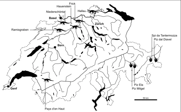 Abb. 1: Triassische Dinosaurierfundstellen in der Schweiz.