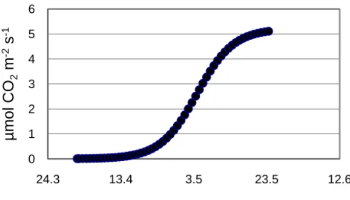 Abb. 5: Beispiel des modellierten hyperbolischen Anstiegs der  Assimilation  des  Monolithen  165  (N  54,  O 3 ++)  zwischen  dem  1