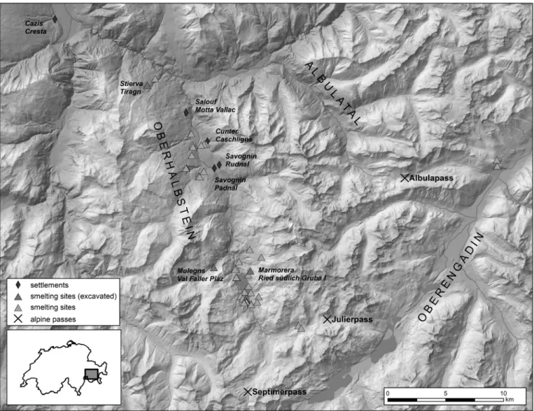 Fig. 1. Slag heaps and settlements in the Oberhalbstein GR (L. Naef ADG/UZH).