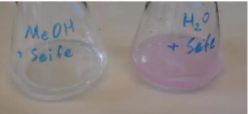 Abb. 2:  Alkoholische, klare und farblose Seifen-Lösung neben der wässrigen, leicht getrüb- getrüb-ten, rosafarbenen Seifen-Lösung 