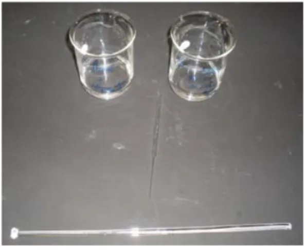 Abb. 1:  Die beiden Lösungen vor der Überschichtung,  sowie Glasstab und Tropfpipette zum  Aufwi-ckeln des Nylonfadens 