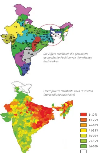 Abb. 2:  Verhältnis zwischen Anzahl von thermischen Kraftwerken  zum Anteil der Haushalte mit Zugang zu Elektrizität  in Indien (Quelle: ActionAid 2011)