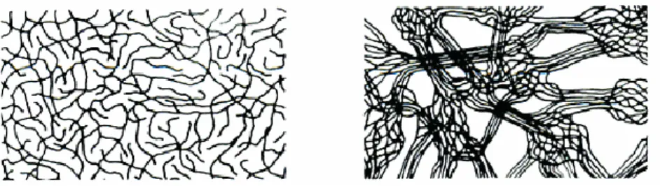 Abb. 8: [6]  Geknäulte, amorphe Makromoleküle (links) und teilkristalline Makromoleküle (rechts) als Merkmal eines Thermoplasts