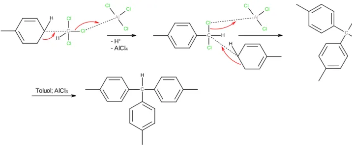 Abb. 5: Bildung des tri-p-Tolylmethans durch mehrfache Substitution am Chloroform durch Friedel-Crafts-Alkylierung