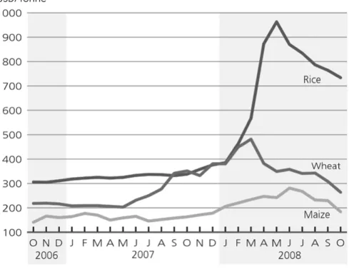 Abbildung 1:  Entwicklung wichtiger Getreidepreise Oktober 2006 – Oktober 2008