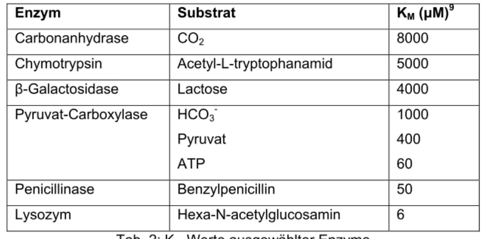 Tab. 2: K M -Werte ausgewählter Enzyme 