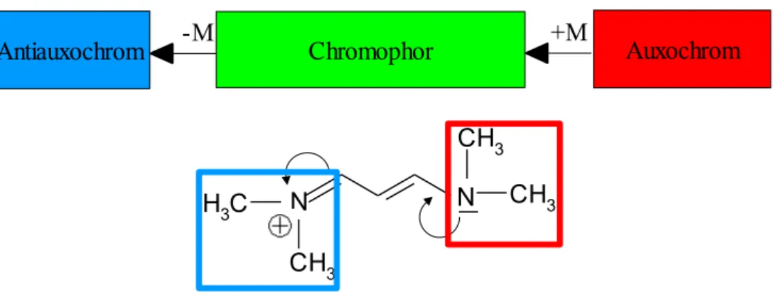 Abbildung 15: Verstärkte Delokalisierung der π-Elektronen durch Auxochrome Gruppen in  einem Cyaninmolekül CH 3 CH 3CH3CH3NNChromophor AuxochromAntiauxochrom-M+M