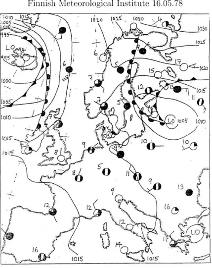 Figure 4.3: Isobaric mean sea level chart for Europe. Isobars are labelled in mb.