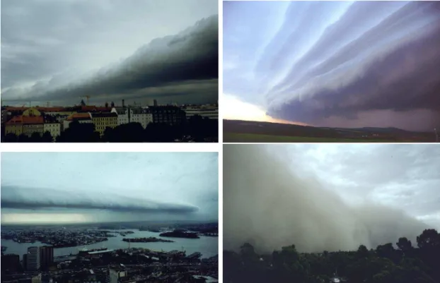 Figure 5.2: Photographs of the leading edge of cold fronts: (top left) a cold front over Munich; (top right) a cold front over Coburg; (bottom left) a “southerly buster”