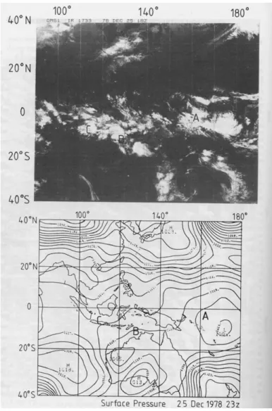 Figure 1.30: The winter MONEX region of 25 December 1978. Upper panel shows the GMS IR satellite picture with the surface-pressure pattern shown on lower panel.