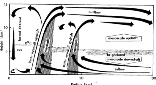 Figure 1.9: Schematic of the secondary circulation and precipitation distribution for a tropical cyclone similar to Hurricane Gilbert at the time in Fig