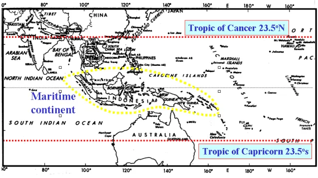 Figure 1.2: Indian Ocean and Western Paciﬁc Region showing the location of the Maritime Continent (the region surrounded by a dashed closed curve).