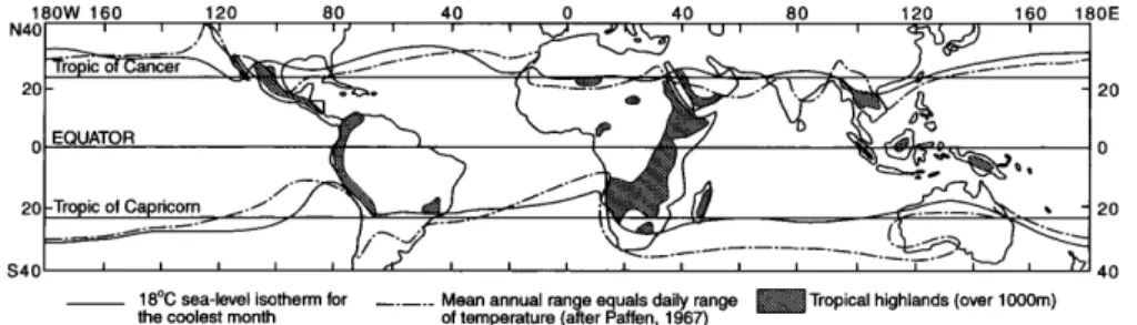 Figure 1.1: Principal land and ocean areas between 40 Æ