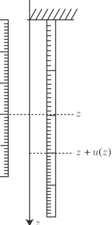 Abbildung 3.2. Durch Schwerkraft gedehnter elastischer Stab im Vergleich zum ungedehnten Stab.