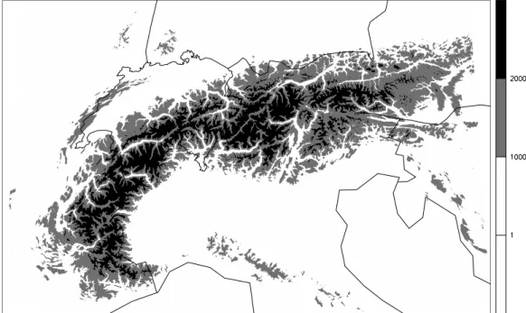 Fig. 1 Hochaufgel¨ostes Bild der Alpen. Neben einer grossskaligen Struktur (ca. 200 km Nord/S¨udausdehnung und 2000-3000 km West/Ost-Ausdehnung) weisen die Alpen eine kleinskalige Struktur auf