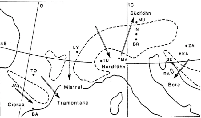 Fig. 3 Einige bekannte lokale Windsysteme. Zum Teil handelt es sich um Fallwinde (F¨ohn und Bora), zum Teil um “kanalisierte” Winde (Mistral, Tramontana, Cierzo).