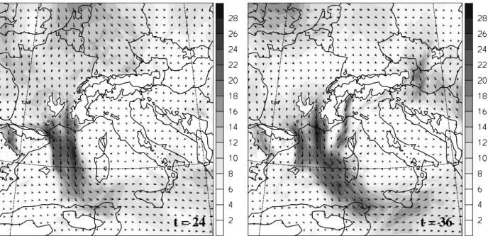Fig. 7 Windvektoren und Windgeschwindigkeit (in m/s) auf 900 hPa, die sich im April/Mai 1982 nach dem Durchzug einer Kaltfront ergaben.