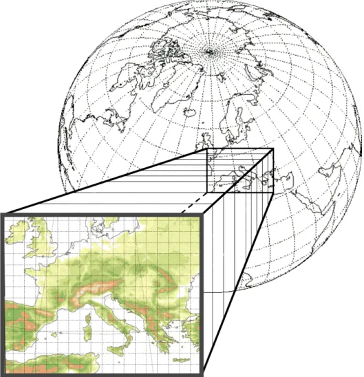Figure 5.1 Conceptual  sketch  showing  a  model  grid  domain  as  embedded (nested) in a larger (global) domain to provide the boundary and initial conditions.