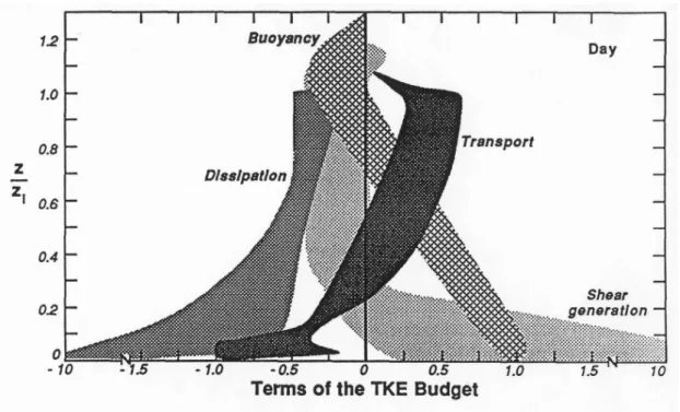 Figure 6.5 Vertical profiles of budget terms in the TKE equation under convective conditions (shaded areas give spread)