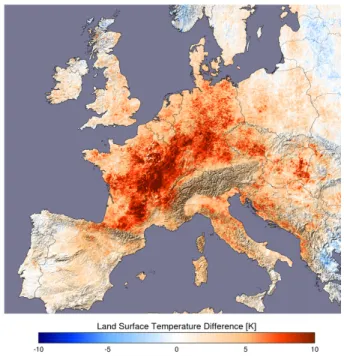 Fig.  7:  MODIS  (MODerate  resolution  Imaging  Spectroradiometer)  radiative  land  surface  temperature    (LST)  anomaly  over  Europe  for  2003:  LST  difference  (all  cloud  free  pixels  during July 20 - August 20) for the years 2000, 2001, 2002, 