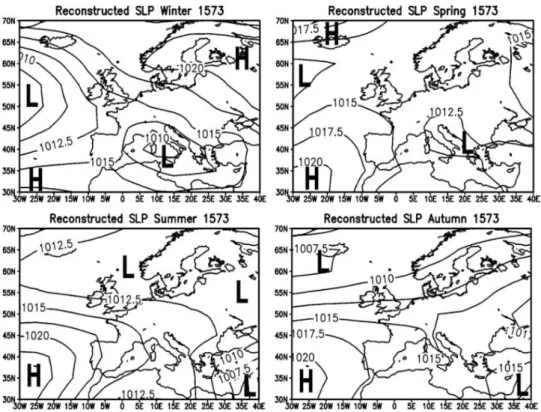 Fig. 10: Bodendruckrekonstruktionen über Europa anhand von Proxydaten (aus Luterbacher et al., 2002)