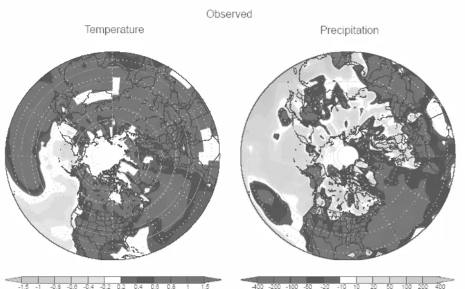 Fig. 1: Beispiel einer grossräumigen Klimaschwankung: Abweichungen von Temperatur und Niederschlag von  1998 bis 2002 im Vergleich zum langjährigen Mittel (aus Hoerling und Kumar, 2003)