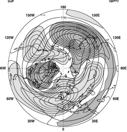 Figur 12 zeigt die mittlere Druckverteilung auf 500 hPa im Winter (durchgezogene Linien)