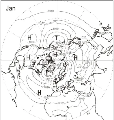 Fig. 13: Mittlere Bodendruckverteilung über der Nordhalbkugel im Januar (NCEP/NCAR, Wanner et al., 2000)