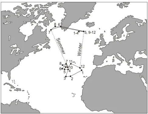 Fig. 16: Lage des Islandtiefs und des Azorenhochs im Jahresverlauf (Wanner et al., 2000, teilweise nach Hasten- Hasten-rath, 1995)