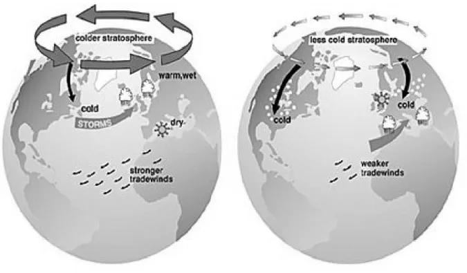Fig. 19: Konzeptuelles Modell der positiven und negativen Phase der Arktischen Oszillation oder Northen He- He-mispheric Annular Mode (J