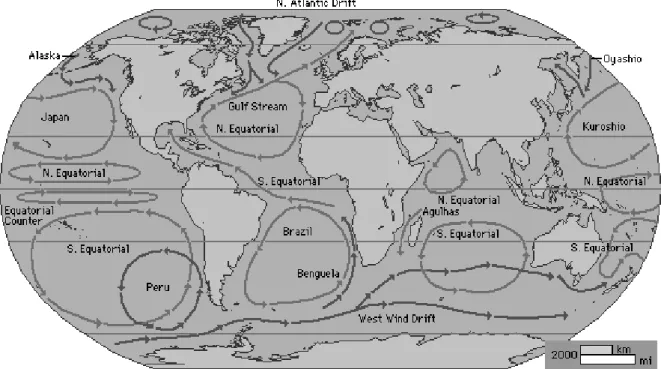 Fig. 37. Meeresströmungen an der Oberfläche (schematisch). Hellgrau: warm. Dunkelgrau: kalt