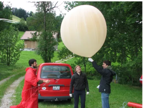 Abbildung 5.1: Mit Wasserstoff bef¨ ullter Wetterballon. Die Ballonh¨ ulle ist so empfindlich, dass sie nur mit Latexhandschuhen angefasst werden sollte, um eine Besch¨ adigung der Haut und damit ein fr¨ uhzeitiges Platzen des Ballons zu verhindern.