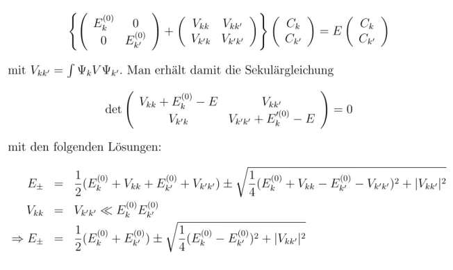 Abbildung auf der letzten Seite qualitativ dargestellt. v G = 1 ~ ∂E ∂k (1) m ⋆ m = ~ 2m  ∂ 2 E∂k2  −1 (2) Wie die Skizzen zeigen, verhalten sich v G und m ⋆ /m bei k = 0 verschieden f¨ur das 1